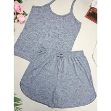 Conjunto Feminino plus size Simples e Casual de Regata Alça Fina e Short Curto  Malha Canelada