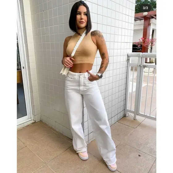 Calça Jeans Pantalona Wide Leg Branca Feminina Envio Imediato