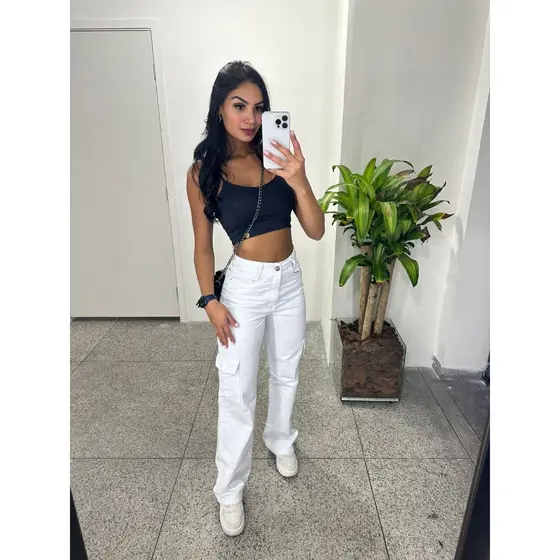 Calça jeans Wide leg Cargo com bolso Branca nivel
