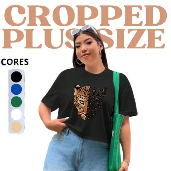 Cropped Plus Size Blusa Plus Size 100% Algodão T Shirt Feminina onça