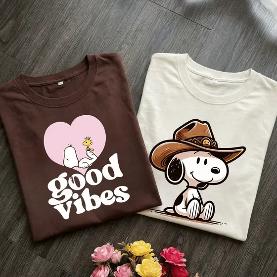 Kit com 2 camisetas femininas estampadas 100% algodão estilo casual SNOPPY elegante estilosa plus size