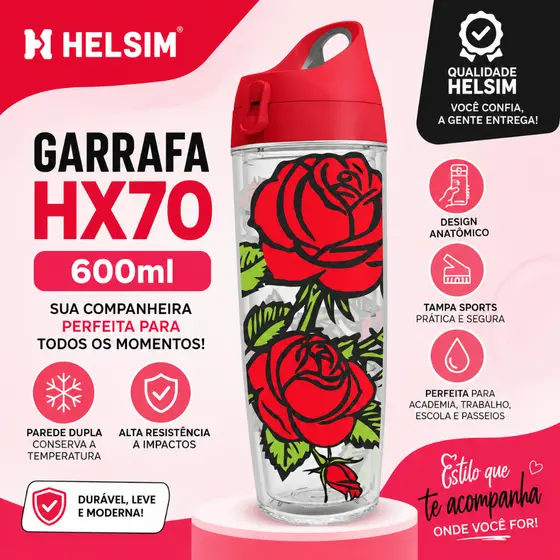 Garrafa Térmica 600ml Helsim HX70 Squeeze Parede Dupla Academia Água Diversas Estampas