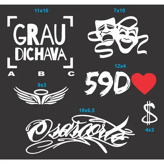 Kit 06 Adesivos GRAU DICHAVA, 59D, CHORA AGORA RIR DEPOIS, CIFRÃO, ANJO Motoo, OSASCORTE
