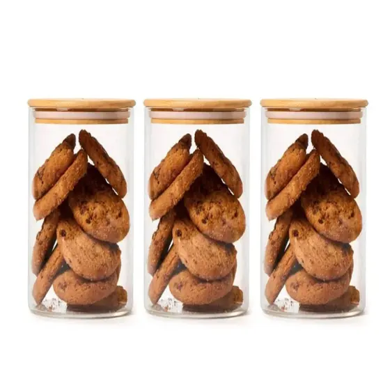 Kit 3 Potes De Vidro Mantimentos 950ml Com Tampa De Bambu