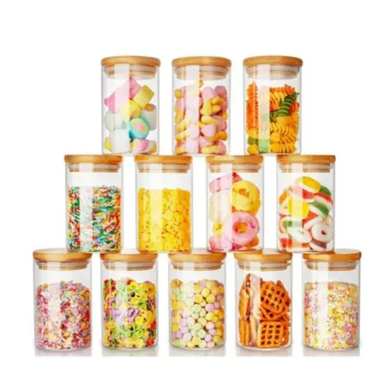 Kit 5 Potes De Vidro Condimentos 350ml Com Tampa De Bambu