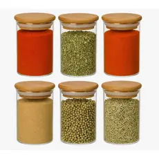 Kit 6 Potes Para Tempero Vidro 250ml Hermético Tampa de Bambu Transparente