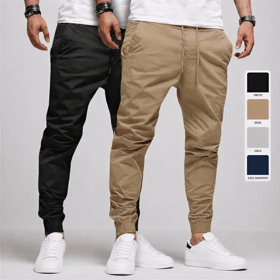 Calça Jogger Masculina Sarja Jeans 4 Bolsos Punho Elástico Cintura Ajustável Casual Streetwear Premium Outono Inverno