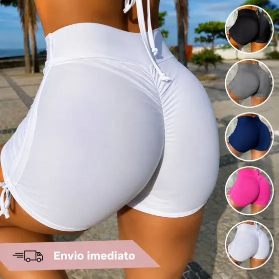 Short de Academia Feminino Fitness Levanta Empina Bumbum Praia em Suplex Cordinha Hot Pants Cos Alto
