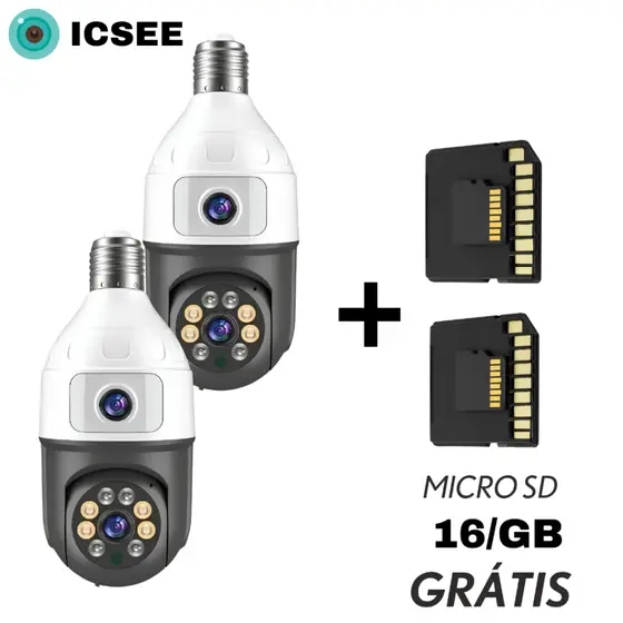 Kit 2 Câmera De Segurança Wifi Dupla Lentes Lâmpada Noturna 360 + Cartão 16GB Para Casa e Comércio