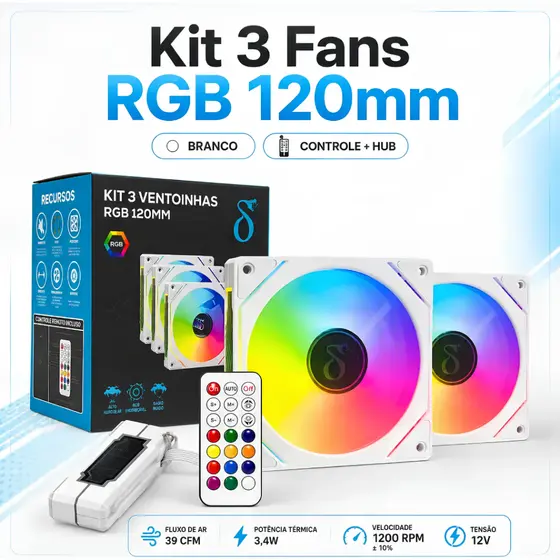 Kit 3 Ventoinhas ARGB 120MM 1200 RPM ±10% com Baixo Ruído com Controle Remoto e Hub para Setup Gamer