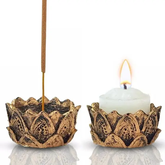 Kit 2 Incensário e Castiçal Flor de Lótus em Resina – Porta Vela 5cm