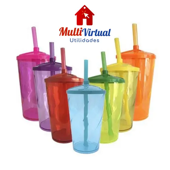 Copos Twister C/ Tampa E Canudo 550ml Colorido ENVIO IMEDIATO