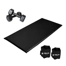 Kit Treino Colchonete, Par Halter Sextavado 3kg e Par Caneleira 3Kg One Life Sports Academia em Casa