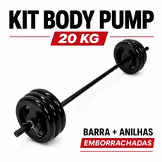 Kit Completo Body Pump C/barra E 20kg De Anilha Emborrachada Musculação Supino Fortalecimento