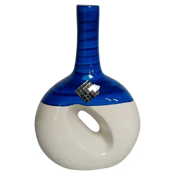Vaso Cantil Vazado em Cerâmica Decoração de Sala - Azul e Bege