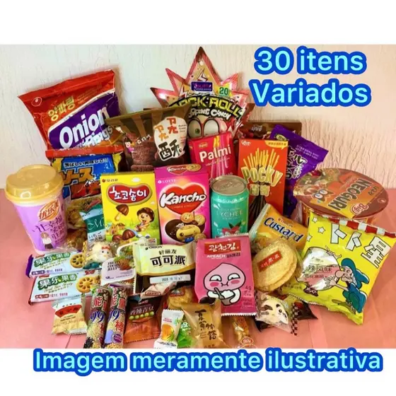 Caixa Oriental Asiática com Mix de Guloseimas, pode conter Balas, Doces, Salgadinhos, Lamen,sucos e Refrigerante