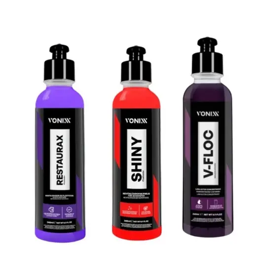 Vonixx Restaurax Restaurador Plásticos , Shiny Revitalizador Pneu e Shampoo Automotivo V floc 240ml