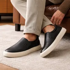 Tênis Masculino Couro Sapatenis Slip On Casual Iate Couro Confortável Dia Dia Calce Fácil