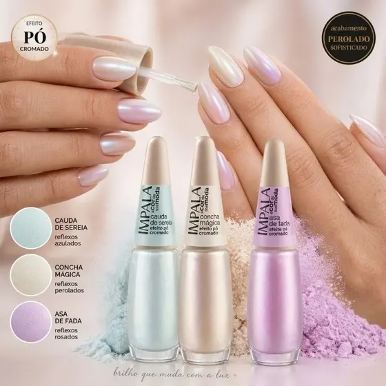 Kit 3 Esmaltes Impala Pó Cromado | Efeito Perolado Espelhado | Cauda de Sereia, Concha Mágica e Asa de Fada