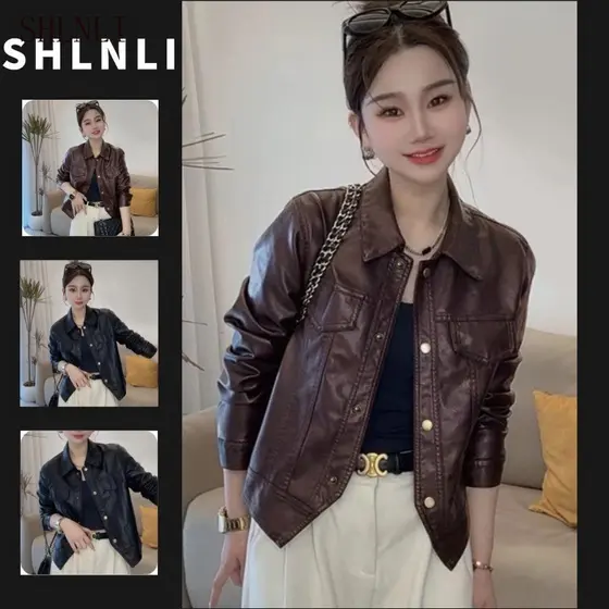 Mulheres Curto Clássico Colarinho Jaqueta De Couro Outono Inverno Casual Outerwear