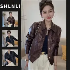 Mulheres Curto Clássico Colarinho Jaqueta De Couro Outono Inverno Casual Outerwear