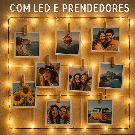 Painel de Fotos com Fio de LED | Memory Board Tela Aramada Decorativa para Parede e Quarto