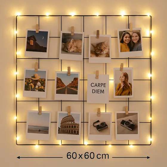 Painel de Fotos com Luzes LED 60x60 | Memory Board Grade Aramada Decorativa (Dispensa Pilhas)