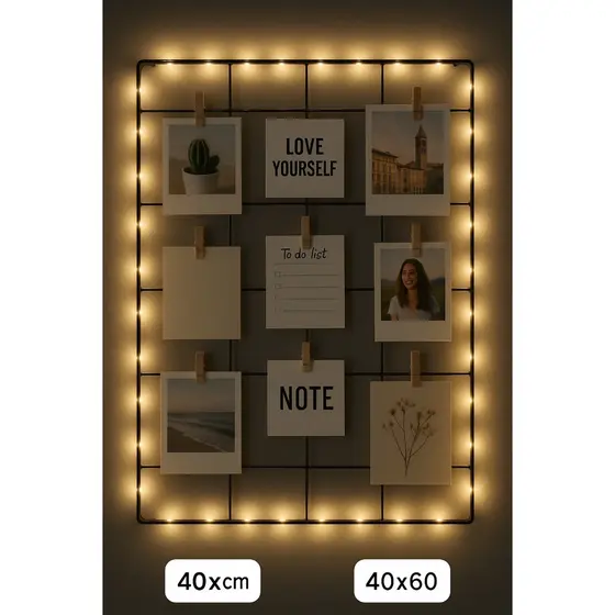 Memory Board Painel Aramado 40x60 com Luzes LED | Decoração de Parede para Fotos Sem Pilhas