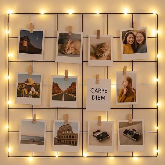 Memory Board Aramado Colorido com Luzes LED e Prendedores | Painel de Fotos Decorativo para Parede