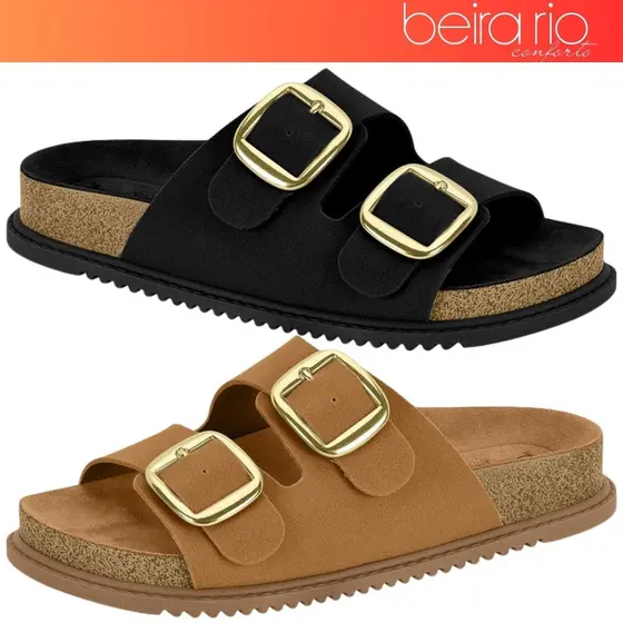 Sandália Papete Feminina Beira Rio Birken Camurça Fivelas  Conforto