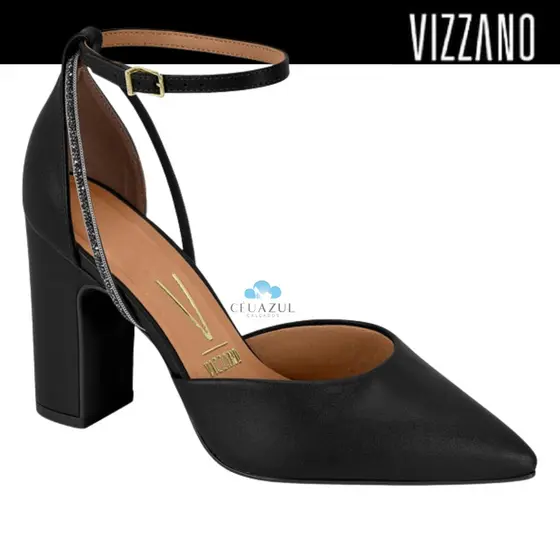 Scarpin Vizzano Salto Bloco Preto Amarração Elegância Conforto