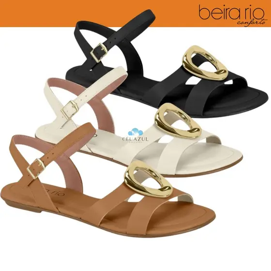 Sandália Rasteira Feminina Beira Rio Fivela Detalhe Dourado Chique Festa Casual