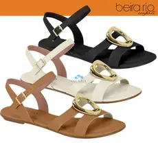 Sandália Rasteira Feminina Beira Rio Fivela Detalhe Dourado Chique Festa Casual