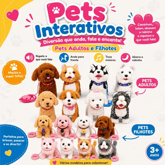 Pelucia Pet Cachorrinho e Gatinho ou Filhotes que Andam Late Lambe Abana o Rabo Fala Toca Musica Filhotinhos