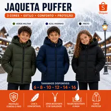 Jaqueta Puffer Infantil Unissex Forrada Pelinho Touca Ziper Removivel Menino Menina 6 a 16 anos
