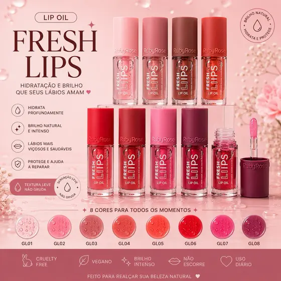 Lip Oil Fresh Lips Ruby Rose Original Gloss Hidratante Labial Efeito Glow