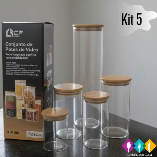 Conjunto de Potes Herméticos com Tampa de Bambu - 3/4/5 peças