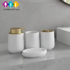 Kit 4 Peças para Banheiro de cerâmica  - saboneteira, porta-sabonete líquido, escova e xícara