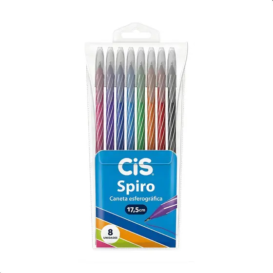 Caneta Esferográfica CIS Spiro Ponta Fina 0.7 Kit com 8 Cores para Escola Escritório Estudo Desenho