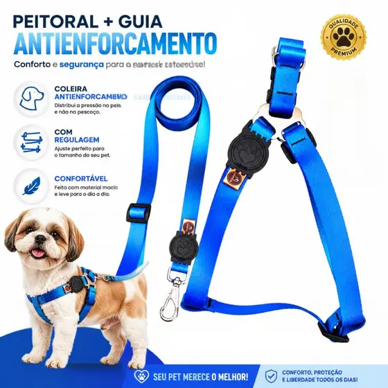 Peitoral Coleira Com Guia Para Cachorro Passeio