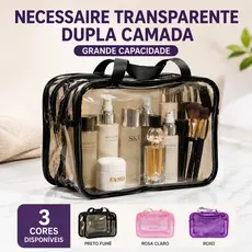 Necessaire Transparente Dupla Camada Grande Capacidade Organizador de Maquiagem e Viagem PVC Impermeável