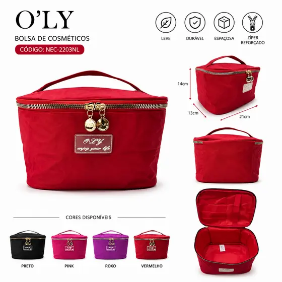 Bolsa de Cosméticos Feminina O’LY 21x14x13cm | Necessaire Grande com Alça | Organizador de Maquiagem Portátil