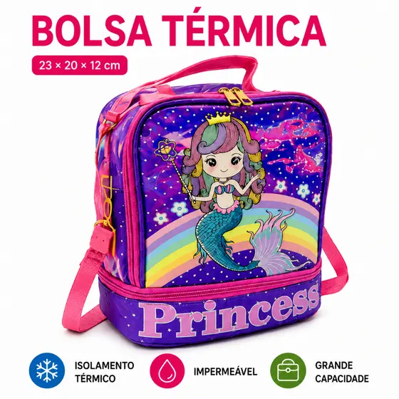 Bolsa Térmica Infantil Dupla Camada Grande Capacidade Lancheira Escolar Impermeável com Alça Ajustável