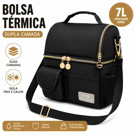 Lancheira Térmica Dupla Camada 7L Bolsa para Marmita Isolamento Quente e Frio com Alça Transversal