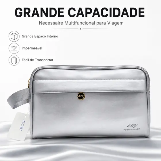 Necessaire Feminina Grande 30cm Porta Maquiagem PU Impermeável com Zíper Bolsa Organizadora de Viagem