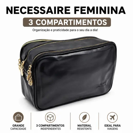 Necessaire Feminina Grande 3 Compartimentos Organizador de Maquiagem Bolsa de Cosméticos Viagem Impermeável