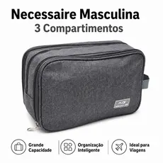 Necessaire Masculina Grande 3 Compartimentos Bolsa Organizadora Viagem Higiene Pessoal Impermeável 30x20x13cm