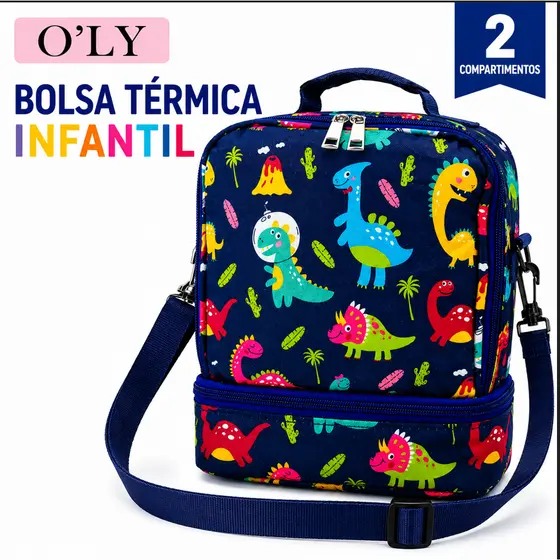 Lancheira Térmica Infantil Masculina 2 Compartimentos Bolsa Escolar com Alça Ajustável