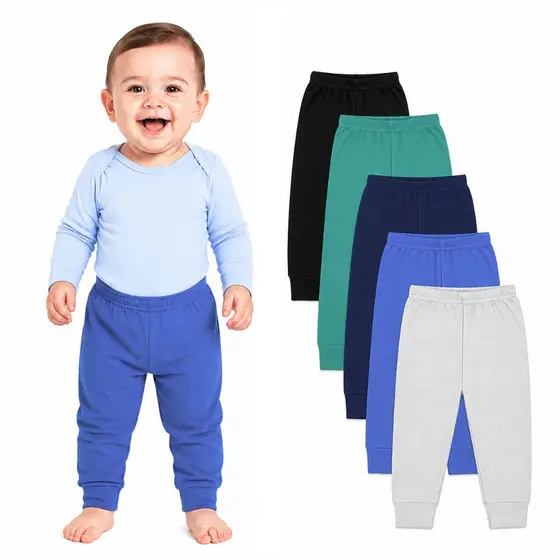 Kit 5 Calças Bebê e Infantil tipo Mijão Meia Estação, Calça Pijama, 100% Algodão, Cores Menino