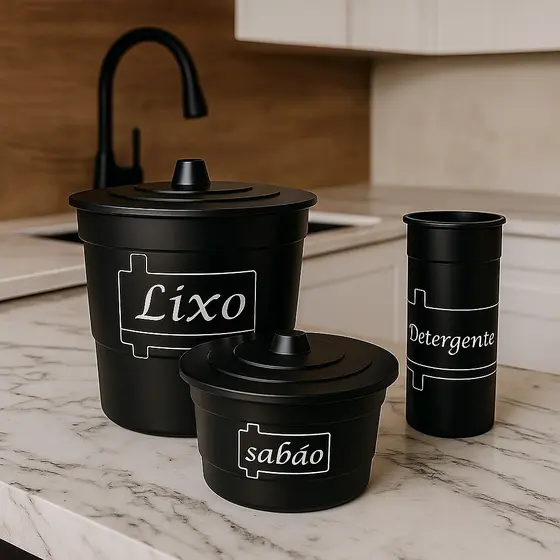 CONJUNTO KIT PIA 3 PEÇAS LIXEIRA PORTA SABÃO E DETERGENTE - COZINHA ESTILO PREMIUM